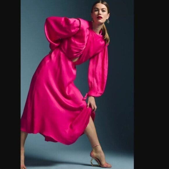 Farm Rio Maxi Dress Cut Out Satin Pink L Shoulder Pad Long-Sleeve Cocktail - Picture 4 of 16